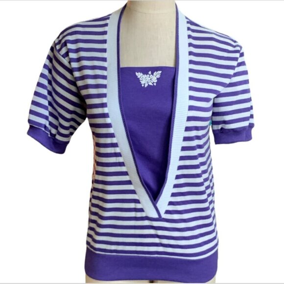 VTG Koret Francisca Purple & White Striped Short Sleeve Top Sz PS #39L - Picture 2 of 7